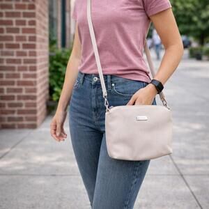 Bebe Cream Crossbody Bag Textured Faux Leather Silver Logo Adjustable Strap